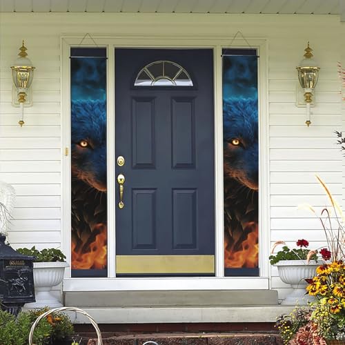2 Stück Willkommens-Türbanner Wolfskopf in blauen Flammen Veranda-Schild Hawaii-Dekorationen Flaggen Frühling Sommer Dekor Hintergrund Wandbehang Banner für Outdoor Home Tropical Yard Party Decor von WLKSNBVD