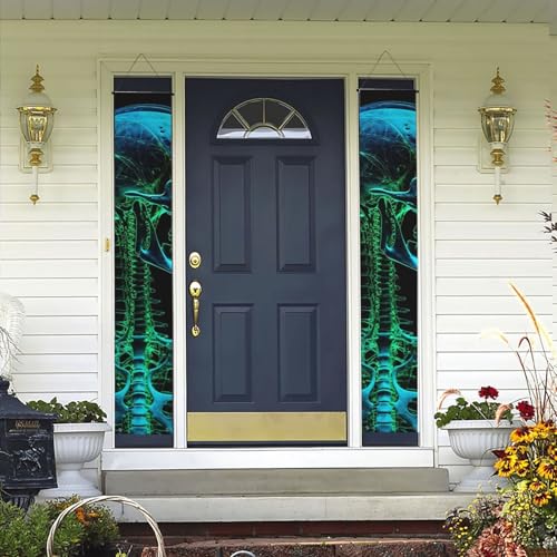 2 Stück Willkommens-Türbanner grünes Skelett Veranda Schild Hawaii-Dekorationen Flaggen Frühling Sommer Dekor Hintergrund Wandbehang Banner für Outdoor Home Tropical Yard Party Decor Supplies von WLKSNBVD