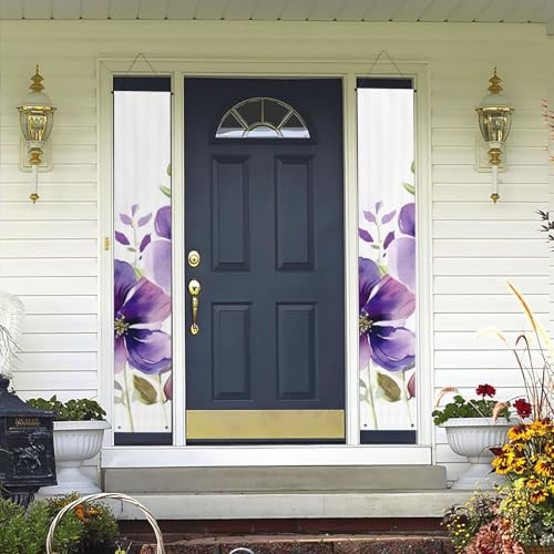 2 x Willkommens-Türbanner mit violetten Blumen, Hawaii-Dekorationen, Flaggen, Frühlings- und Sommerdekoration, für den Außenbereich, Zuhause, tropischer Hof, Party-Dekor, Zubehör von WLKSNBVD