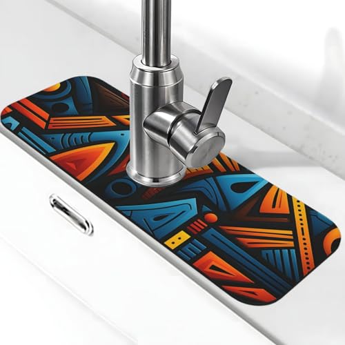 Afrikanischer Stil, Textilmuster, Wasserhahnmatte für Küchenspüle, super saugfähig, Spritzfänger, Kieselgur, schnell trocknender Stein, Wasserhahngriff, Tropffänger-Tablett, Matte für Badezimmer von WLKSNBVD