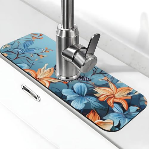 Blaue Schmetterlings-Blumenarmaturmatte für Küchenspüle, super saugfähig, Spritzfänger, Kieselgur, schnell trocknend, Stein, Wasserhahngriff, Tropffänger-Tablett, Matte für Badezimmer, Waschbecken von WLKSNBVD