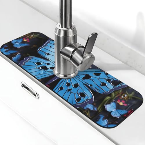 Blaue Schmetterlings-Wasserhahn-Matte für Küchenspüle, super saugfähig, Spritzfänger, Kieselgur, schnell trocknend, Steinhahngriff, Tropffänger-Tablett, Matte für Badezimmer, Waschbecken, Trockenpad von WLKSNBVD