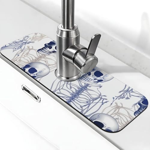 Blaues Skelett-Wasserhahn-Matte für Küchenspüle, super saugfähig, Spritzfänger, Kieselgur, schnell trocknend, Stein, Wasserhahngriff, Tropffänger-Tablett, Matte für Badezimmer, Waschbecken, Trockenpad von WLKSNBVD