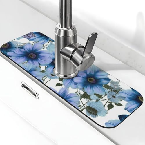 Blühende blaue Gänseblümchen-Wasserhahnmatte für Küchenspüle, super saugfähig, Spritzfänger, Kieselgur, schnell trocknend, Stein, Wasserhahngriff, Tropffänger-Tablett, Matte für Badezimmer, Spüle von WLKSNBVD