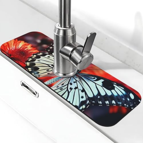 Bunte Blumen Schmetterlinge Wasserhahnmatte für Küchenspüle, super saugfähig, Spritzfänger, Kieselgur, schnell trocknender Stein, Wasserhahngriff, Tropffänger-Tablett, Matte für Badezimmer von WLKSNBVD