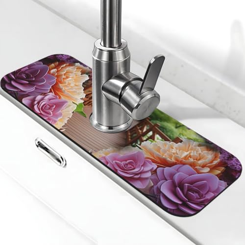Bunte Blumenblüten-Wasserhahnmatte für Küchenspüle, super saugfähig, Spritzfänger, Kieselgur, schnell trocknend, Stein, Wasserhahngriff, Tropffänger-Tablett, Matte für Badezimmer, Waschbecken von WLKSNBVD