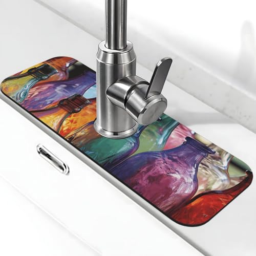 Bunte Glasflaschen-Wasserhahn-Matte für Küchenspüle, super saugfähig, Spritzfänger, Kieselgur, schnell trocknend, Stein, Wasserhahngriff, Tropffangmatte für Badezimmer, Waschbecken, Trockenpad, 38,1 x von WLKSNBVD