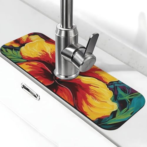 Bunte Hibiskus-Wasserhahnmatte für Küchenspüle, super saugfähig, Spritzfänger, Kieselgur, schnell trocknend, Stein, Wasserhahngriff, Tropffänger-Tablett, Matte für Badezimmer, Waschbecken, Trockenpad von WLKSNBVD