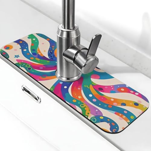 Bunte Oktopus-Wasserhahn-Matte für Küchenspüle, super saugfähig, Spritzfänger, Kieselgur, schnell trocknend, Stein-Wasserhahn-Griff, Tropfenfänger-Tablett, Matte für Badezimmer, Waschbecken von WLKSNBVD