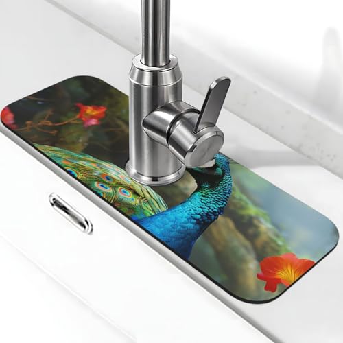 Bunte Pfauen-Wasserhahn-Matte für Küchenspüle, super saugfähig, Spritzfänger, Kieselgur, schnell trocknend, Stein, Wasserhahngriff, Tropffänger-Tablett, Matte für Badezimmer, Waschbecken, Trockenpad von WLKSNBVD