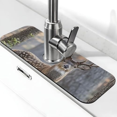 Camouflage-Hirsch-Wasserhahn-Matte für Küchenspüle, super saugfähig, Spritzfänger, Kieselgur, schnell trocknend, Stein, Wasserhahngriff, Tropffänger-Tablett, Matte für Badezimmer, Waschbecken von WLKSNBVD