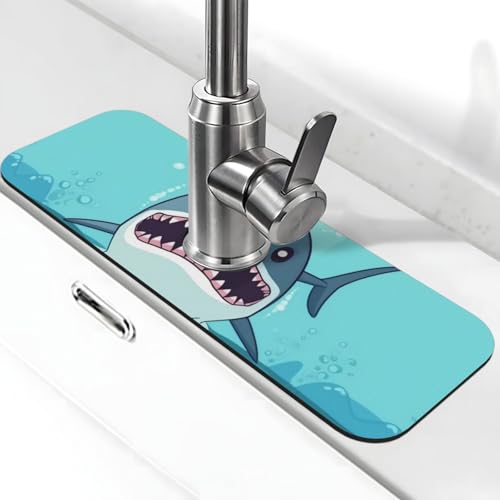 Cartoon-Hai-Wasserhahn-Matte für Küchenspüle, super saugfähig, Spritzfänger, Kieselgur, schnell trocknender Stein, Wasserhahngriff, Tropffänger-Tablett, Matte für Badezimmer, Waschbecken, Trockenpad Cartoon-Hai-Wasserhahn-Matte für Küchenspüle, super saugfähig, Spritzfänger, Kieselgur, schnell trocknender Stein, Wasserhahngriff, Tropffänger-Tablett, Matte für Badezimmer, Waschbecken, Trockenpad von WLKSNBVD