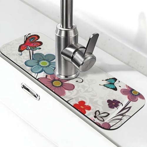 Cartoon-Schmetterlings-Blumen-Wasserhahn-Matte für Küchenspüle, super saugfähig, Spritzfänger, Kieselgur, schnell trocknend, Stein, Wasserhahngriff, Tropffänger-Tablett, Matte für Badezimmer Cartoon-Schmetterlings-Blumen-Wasserhahn-Matte für Küchenspüle, super saugfähig, Spritzfänger, Kieselgur, schnell trocknend, Stein, Wasserhahngriff, Tropffänger-Tablett, Matte für Badezimmer von WLKSNBVD