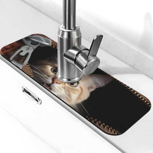 Cat Peeks Wasserhahnmatte für Küchenspüle, super saugfähig, Spritzfänger, Kieselgur, schnell trocknender Stein, Wasserhahngriff, Tropffänger-Tablett, Matte für Badezimmer, Waschbecken, Trockenpad von WLKSNBVD