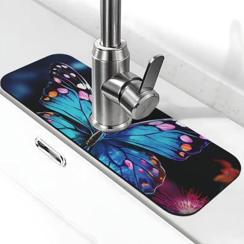Charmante Schmetterlings-Wasserhahn-Matte für Küchenspüle, super saugfähig, Spritzfänger, Kieselgur, schnell trocknend, Stein, Wasserhahngriff, Tropffänger-Tablett, Matte für Badezimmer, Waschbecken von WLKSNBVD