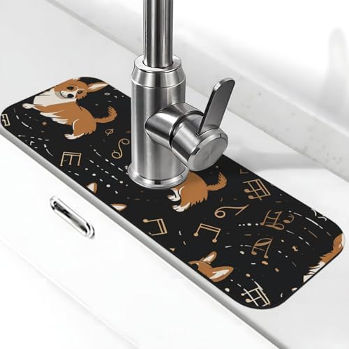 Corgi-Wasserhahnmatte mit Musiknote, super saugfähig, Spritzfänger, Kieselgur, schnell trocknend, Stein, Wasserhahngriff, Tropffänger-Tablett, Matte für Badezimmer, Waschbecken, Trockenpad, 38,1 x 14 von WLKSNBVD