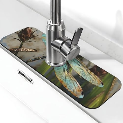 Dancing Libelle Wasserhahnmatte für Küchenspüle, super saugfähig, Spritzfänger, Kieselgur, schnell trocknend, Stein, Wasserhahngriff, Tropffänger-Tablett, Matte für Badezimmer, Waschbecken, Trockenpad von WLKSNBVD