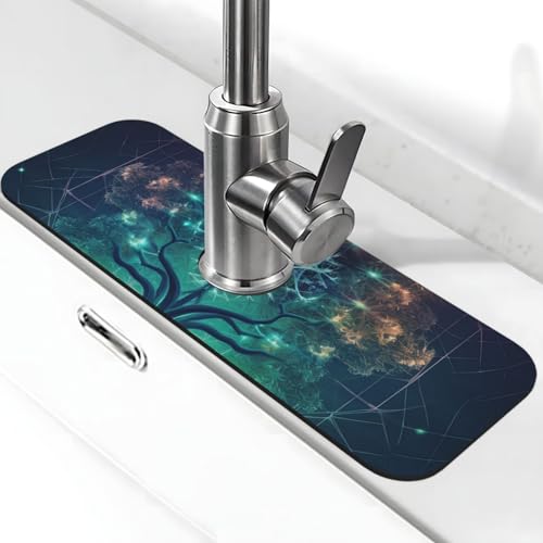 Digitale futuristische Baum-Wasserhahn-Matte für Küchenspüle, super saugfähig, Spritzfänger, Kieselgur, schnell trocknender Stein, Wasserhahngriff, Tropffänger-Tablett, Matte für Badezimmer von WLKSNBVD