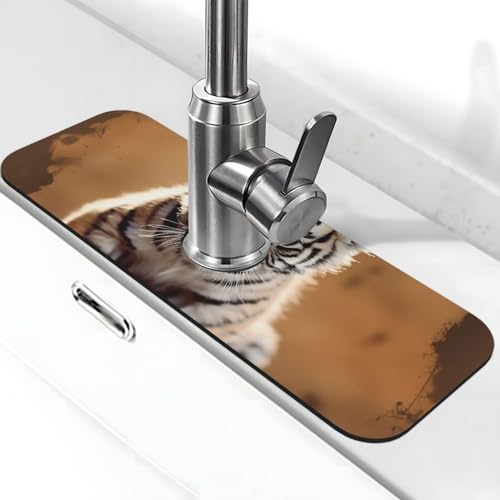 Ein Tigerjunges Wasserhahnmatte für Küchenspüle, super saugfähig, Spritzfänger, Kieselgur, schnell trocknender Stein, Wasserhahngriff, Tropffangmatte für Badezimmer, Waschbecken, Abtropfmatte, 38,1 x von WLKSNBVD
