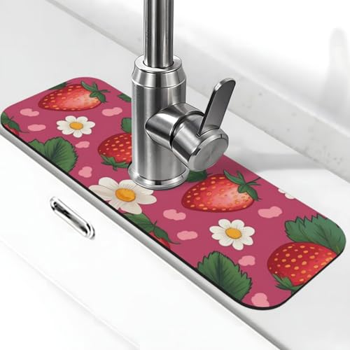 Erdbeer-Wasserhahn-Matte für Küchenspüle, super saugfähig, Spritzfänger, Kieselgur, schnell trocknend, Stein, Wasserhahngriff, Tropffänger-Tablett, Matte für Badezimmer, Waschbecken, Trockenpad, 38,1 von WLKSNBVD