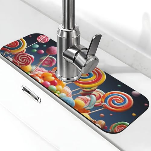 Farbige Süßigkeiten-Wasserhahnmatte für Küchenspüle, super saugfähig, Spritzfänger, Kieselgur, schnell trocknend, Stein, Wasserhahngriff, Tropffänger-Tablett, Matte für Badezimmer, Waschbecken von WLKSNBVD