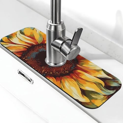 Farbmalerei Sonnenblumen-Wasserhahnmatte für Küchenspüle, super saugfähig, Spritzfänger, Kieselgur, schnell trocknender Stein, Wasserhahngriff, Tropffänger-Tablett, Matte für Badezimmer, Waschbecken von WLKSNBVD