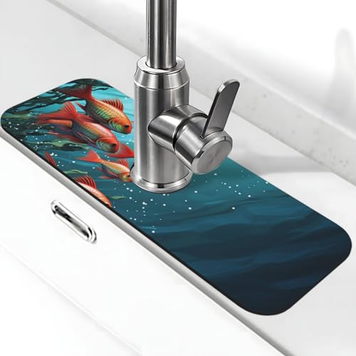 Fisch-Aquarium-Wasserhahn-Matte für Küchenspüle, super saugfähig, Spritzfänger, Kieselgur, schnell trocknend, Stein, Wasserhahngriff, Tropffänger-Tablett, Matte für Badezimmer, Waschbecken, Trockenpad von WLKSNBVD