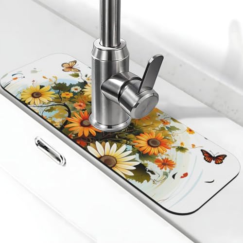 Gänseblümchen Schmetterlinge Wasserhahnmatte für Küchenspüle, super saugfähig, Spritzfänger, Kieselgur, schnell trocknender Stein, Wasserhahngriff, Tropffänger-Tablett, Matte für Badezimmer, Spüle von WLKSNBVD