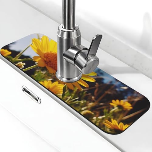 Gelbe Blume unter der Sonne, Wasserhahnmatte für Küchenspüle, super saugfähig, Spritzfänger, Kieselgur, schnell trocknender Stein, Wasserhahngriff, Tropffänger-Tablett, Matte für Badezimmer von WLKSNBVD