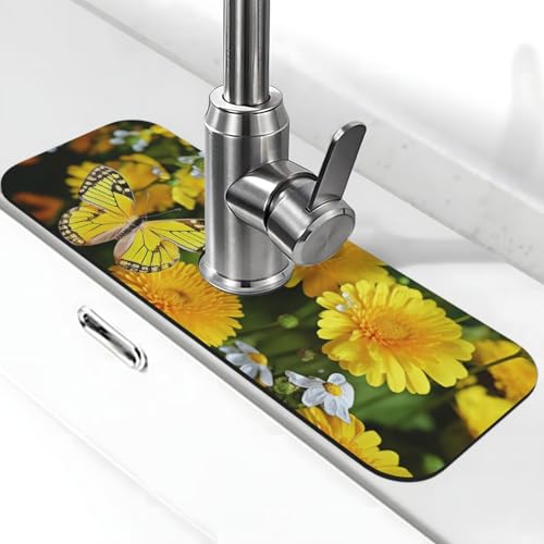 Gelbe Schmetterlings-Wasserhahnmatte für Küchenspüle, super saugfähig, Spritzfänger, Kieselgur, schnell trocknend, Steinhahngriff, Tropffänger-Tablett, Matte für Badezimmer, Waschbecken, Trockenpad von WLKSNBVD