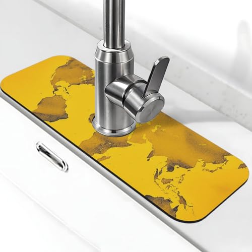 Gelbe Weltkarte Wasserhahnmatte für Küchenspüle, super saugfähig, Spritzfänger, Kieselgur, schnell trocknender Stein, Wasserhahngriff, Tropffänger-Tablett, Matte für Badezimmer, Waschbecken von WLKSNBVD