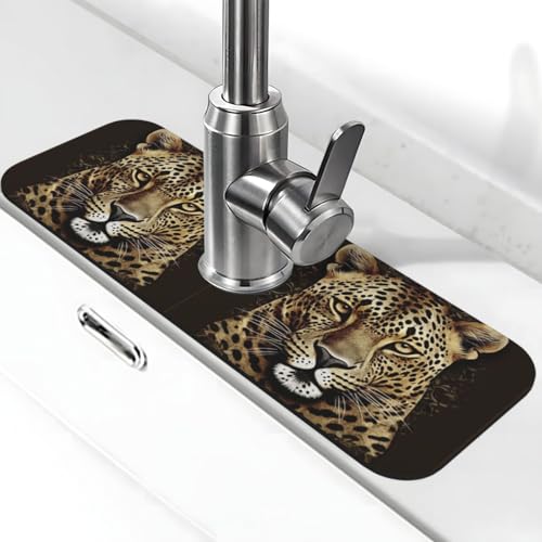 Gemusterte Leopardenkopf-Wasserhahnmatte für Küchenspüle, super saugfähig, Spritzfänger, Kieselgur, schnell trocknender Stein, Wasserhahngriff, Tropffänger-Tablett, Matte für Badezimmer, Waschbecken von WLKSNBVD