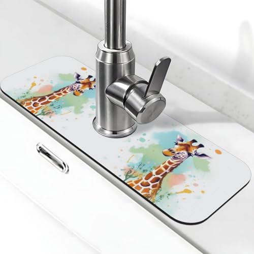 Giraffen-Kunst-Illustration, Wasserhahn-Matte für Küchenspüle, super saugfähig, Spritzfänger, Kieselgur, schnell trocknender Stein, Wasserhahngriff, Tropffänger-Tablett, Matte für Badezimmer von WLKSNBVD