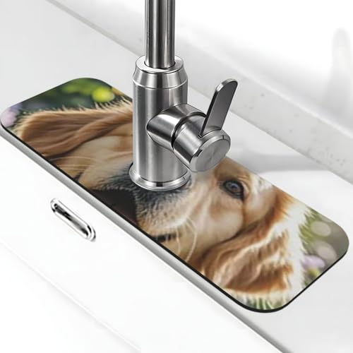 Golden Retriever Wasserhahnmatte für Küchenspüle, super saugfähig, Spritzfänger, Kieselgur, schnell trocknender Stein, Wasserhahngriff, Tropffänger-Tablett, Matte für Badezimmer, Waschbecken von WLKSNBVD