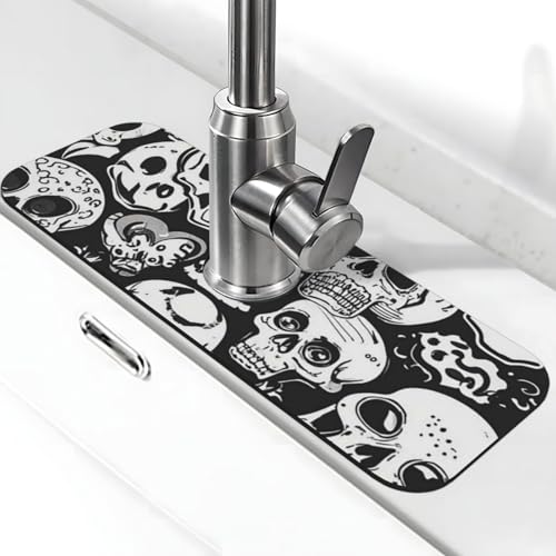 Gruseliges Skelett-Wasserhahn-Matte für Küchenspüle, super saugfähig, Spritzfänger, Kieselgur, schnell trocknend, Stein, Wasserhahngriff, Tropffänger-Tablett, Matte für Badezimmer, Waschbecken von WLKSNBVD