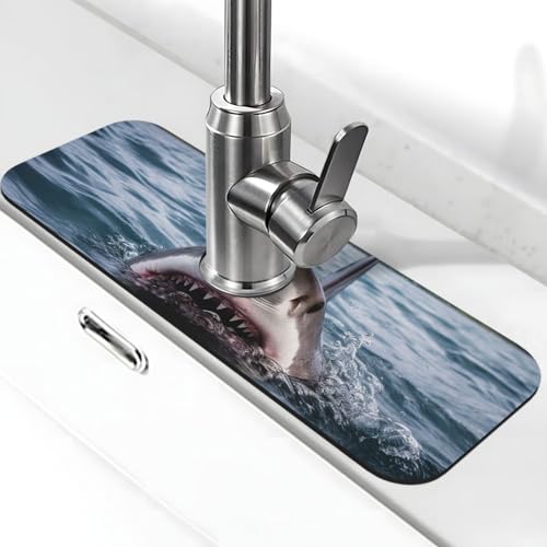 Hai in the Lake Wasserhahnmatte für Küchenspüle, super saugfähig, Spritzfänger, Kieselgur, schnell trocknend, Stein, Wasserhahngriff, Tropffänger-Tablett, Matte für Badezimmer, Waschbecken, Trockenpad von WLKSNBVD