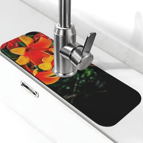 Hawaii-Blumen-Wasserhahn-Matte für Küchenspüle, super saugfähig, Spritzfänger, Kieselgur, schnell trocknend, Stein, Wasserhahngriff, Tropffänger-Tablett, Matte für Badezimmer, Waschbecken, Trockenpad von WLKSNBVD