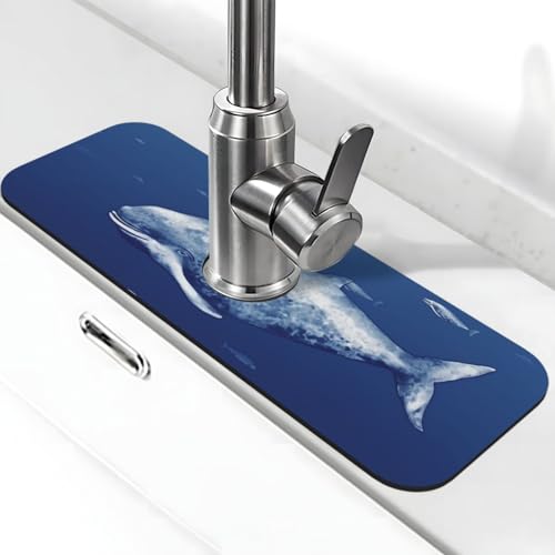 Kleine blaue Wal-Schwimm-Wasserhahn-Matte für Küchenspüle, super saugfähig, Spritzfänger, Kieselgur, schnell trocknend, Stein, Wasserhahngriff, Tropffänger-Tablett, Matte für Badezimmer, Waschbecken von WLKSNBVD