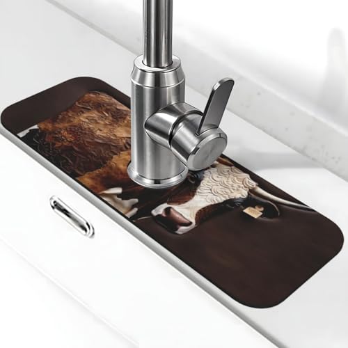 Kuh in braunem Leder Wasserhahnmatte für Küchenspüle, super saugfähig, Spritzfänger, Kieselgur, schnell trocknend, Stein, Wasserhahngriff, Tropffänger-Tablett, Matte für Badezimmer, Waschbecken von WLKSNBVD