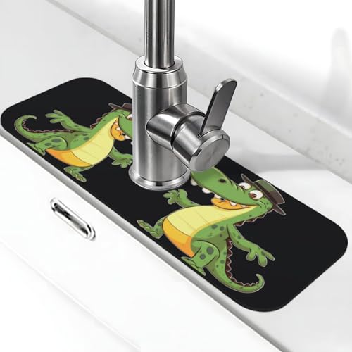 Lustige Krokodil-Cartoon-Wasserhahn-Matte für Küchenspüle, super saugfähig, Spritzfänger, Kieselgur, schnell trocknend, Stein, Wasserhahngriff, Tropffänger-Tablett, Matte für Badezimmer, Waschbecken von WLKSNBVD