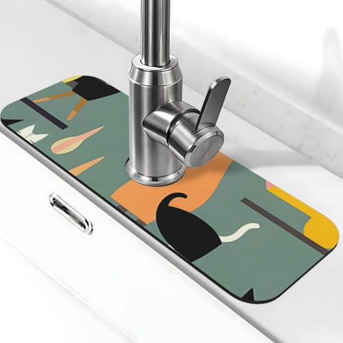 Mitte des Jahrhunderts Moderne Kunst Katzen Wasserhahn Matte für Küchenspüle Super Absorben Wasserhahn Pad Spritzfänger Kieselgur Schnell Trocknender Stein Wasserhahn Griff Tropffänger Tablett Matte von WLKSNBVD
