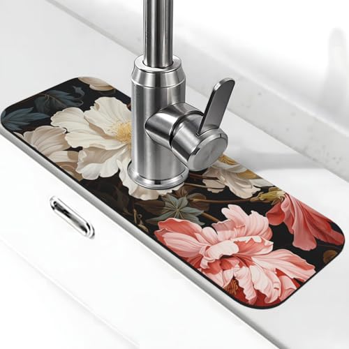 Modische Blumen-Wasserhahn-Matte für Küchenspüle, super saugfähig, Spritzfänger, Kieselgur, schnell trocknend, Stein, Wasserhahngriff, Tropffänger-Tablett, Matte für Badezimmer, Waschbecken von WLKSNBVD