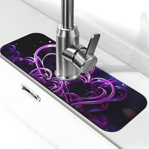 Modische violette Herz-Wasserhahnmatte für Küchenspüle, super saugfähig, Spritzfänger, Kieselgur, schnell trocknend, Stein, Wasserhahngriff, Tropffänger-Tablett, Matte für Badezimmer, Waschbecken von WLKSNBVD
