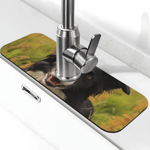 Mohado Border Collie Hunde-Wasserhahn-Matte für Küchenspüle, super saugfähig, Spritzfänger, Kieselgur, schnell trocknend, Stein, Wasserhahngriff, Tropffänger-Tablett, Matte für Badezimmer, Waschbecken von WLKSNBVD