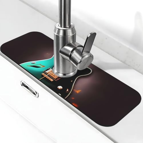 Musikgrüne Gitarren-Wasserhahnmatte für Küchenspüle, super saugfähig, Spritzfänger, Kieselgur, schnell trocknend, Stein-Wasserhahngriff, Tropffänger-Tablett, Matte für Badezimmer, Waschbecken von WLKSNBVD