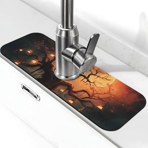 Mysterious Tree Birds Wasserhahnmatte für Küchenspüle, super saugfähig, Spritzfänger, Kieselgur, schnell trocknender Stein, Wasserhahngriff, Tropffänger-Tablett, Matte für Badezimmer, Waschbecken von WLKSNBVD