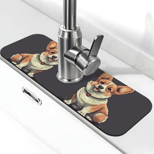 Niedliche Corgi-Hunde-Illustration, Wasserhahn-Matte für Küchenspüle, super saugfähig, Spritzfänger, Kieselgur, schnell trocknender Stein, Wasserhahngriff, Tropffänger-Tablett, Matte für Badezimmer von WLKSNBVD