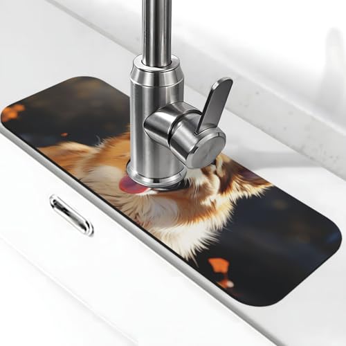 Niedliche Corgi-Hunde-Wasserhahn-Matte für Küchenspüle, super saugfähig, Spritzfänger, Kieselgur, schnell trocknender Stein, Wasserhahngriff, Tropffänger-Tablett, Matte für Badezimmer, Waschbecken von WLKSNBVD