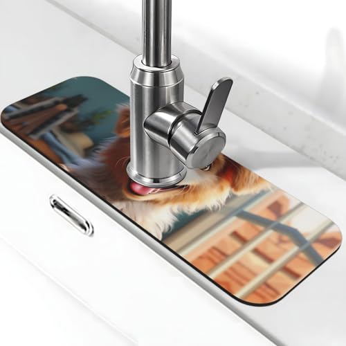 Niedliche Hunde-Wasserhahn-Matte für Küchenspüle, super saugfähig, Spritzfänger, Kieselgur, schnell trocknend, Steinhahngriff, Tropffänger-Tablett, Matte für Badezimmer, Waschbecken, Trockenpad, 38,1 von WLKSNBVD