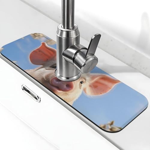Niedliche Schweine-Wasserhahn-Matte für Küchenspüle, super saugfähig, Spritzfänger, Kieselgur, schnell trocknend, Stein, Wasserhahngriff, Tropffänger-Tablett, Matte für Badezimmer, Waschbecken von WLKSNBVD